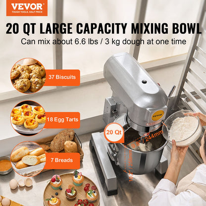 VEVOR Commercial Food Mixer 18.9L 3-Speed Stand Dough Mixer 1100W for Restaurant