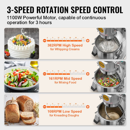 Commercial 18.7L 3-Speed Food Mixer, 1100W Stand Mixer for Restaurants