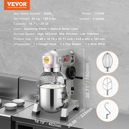 Commercial 18.7L 3-Speed Food Mixer, 1100W Stand Mixer for Restaurants
