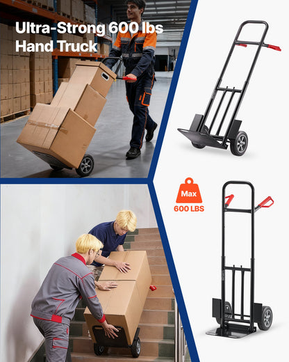 Hand Truck, 272 kg Load Capacity, Heavy-Duty Hand Truck Dolly with Wheels & Telescoping Handle, Portable Trolley Dolly with Tie-down Strap for Moving Home, Office, Warehouse, Supermarket