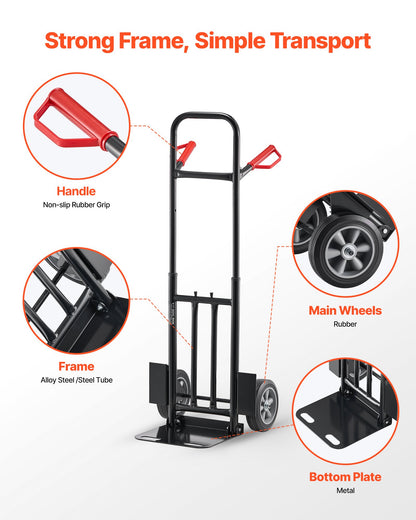 Hand Truck, 272 kg Load Capacity, Heavy-Duty Hand Truck Dolly with Wheels & Telescoping Handle, Portable Trolley Dolly with Tie-down Strap for Moving Home, Office, Warehouse, Supermarket