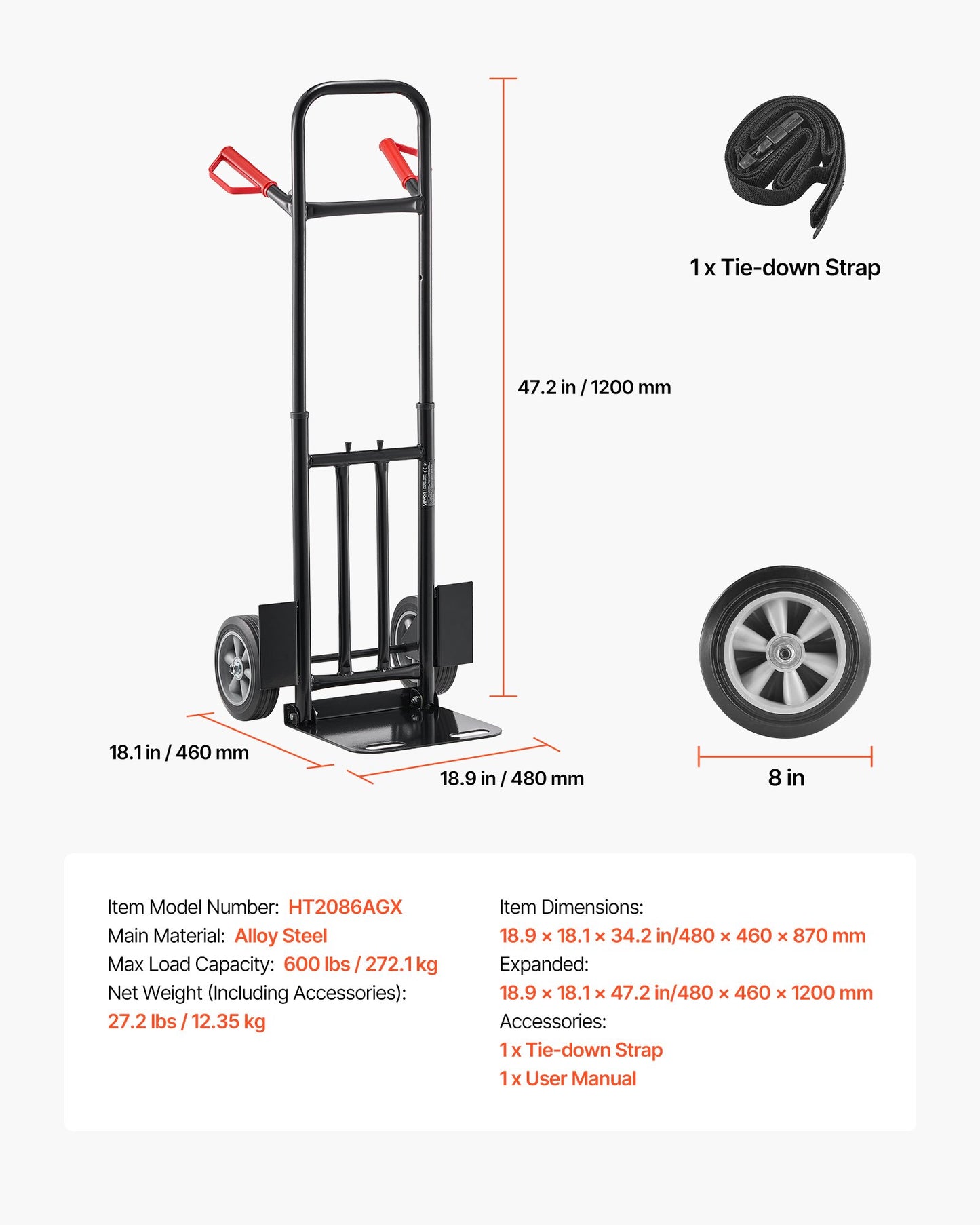 Hand Truck, 272 kg Load Capacity, Heavy-Duty Hand Truck Dolly with Wheels & Telescoping Handle, Portable Trolley Dolly with Tie-down Strap for Moving Home, Office, Warehouse, Supermarket