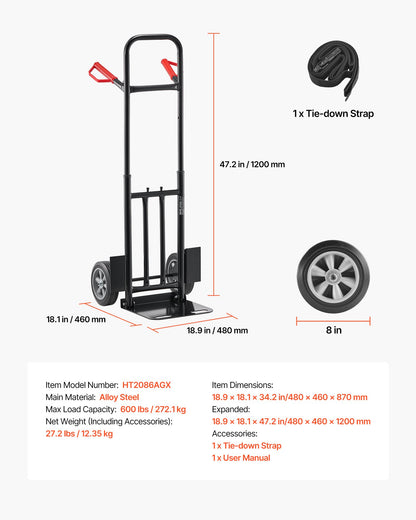 Hand Truck, 272 kg Load Capacity, Heavy-Duty Hand Truck Dolly with Wheels & Telescoping Handle, Portable Trolley Dolly with Tie-down Strap for Moving Home, Office, Warehouse, Supermarket