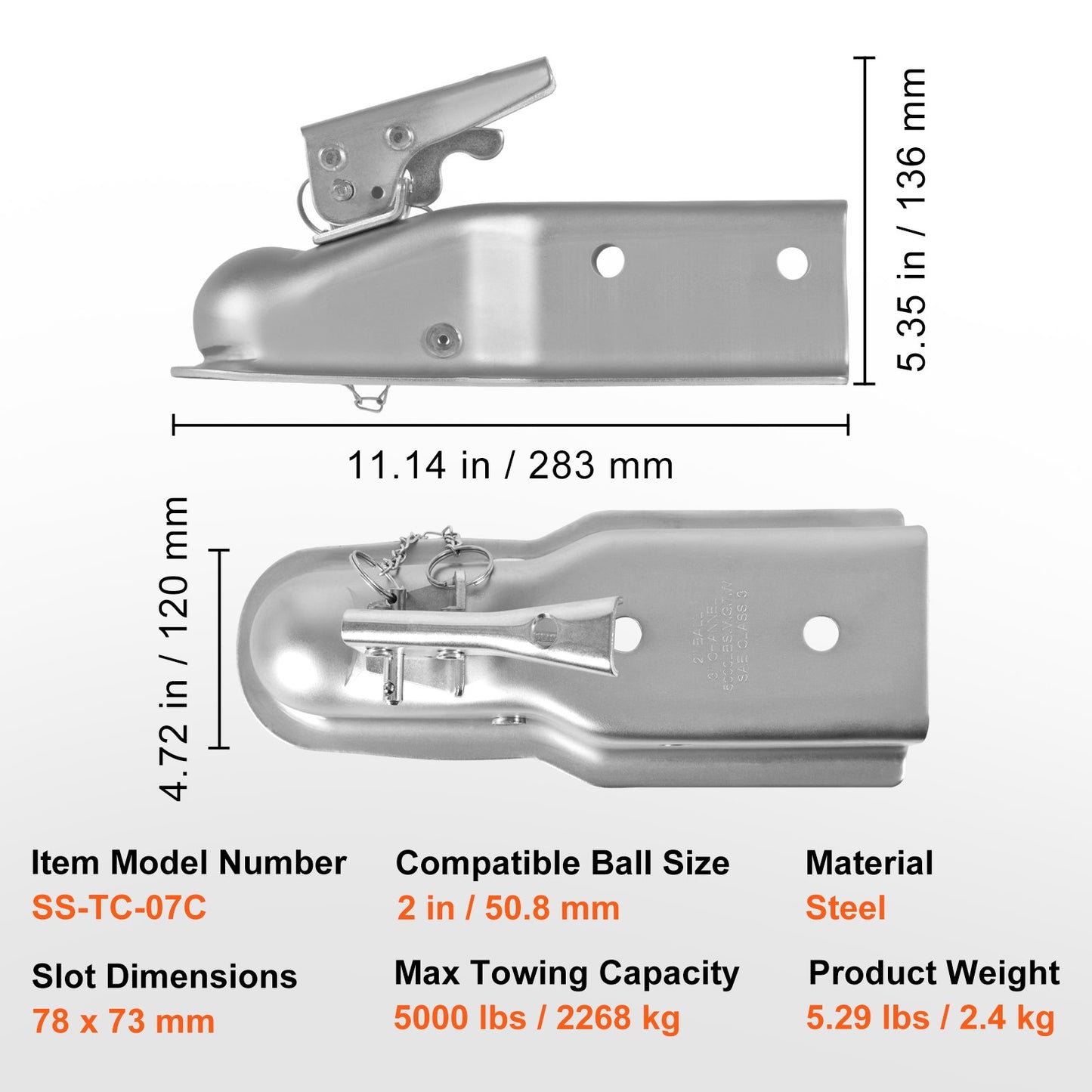 VEVOR Straight Trailer Coupler, for 5.08cm Hitch Ball, 7.62cm Channel, 2267kg Capacity,