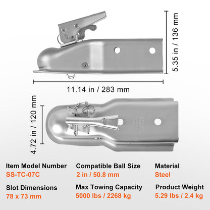 VEVOR Straight Trailer Coupler, for 5.08cm Hitch Ball, 7.62cm Channel, 2267kg Capacity,