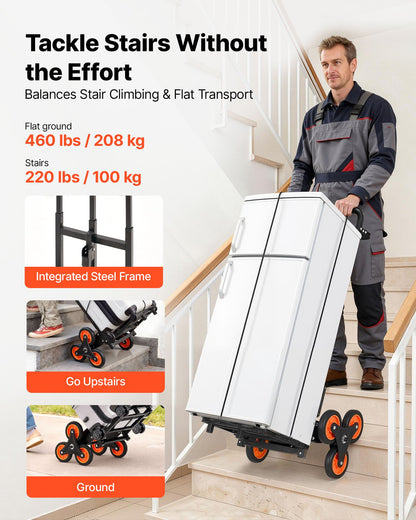 Stair Climbing Cart, 100 kg Stair-Climbing Capacity, Heavy-Duty Folding Trolley Cart with Telescoping Handle, 6 Wheels and 2 Bungee Cords, Stair Climber Dolly for Home, Groceries, Warehouse