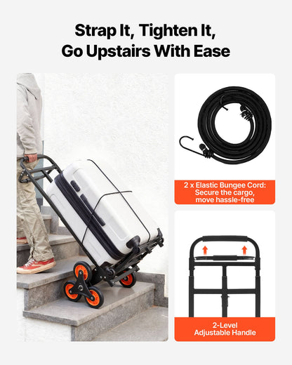 Stair Climbing Cart, 100 kg Stair-Climbing Capacity, Heavy-Duty Folding Trolley Cart with Telescoping Handle, 6 Wheels and 2 Bungee Cords, Stair Climber Dolly for Home, Groceries, Warehouse