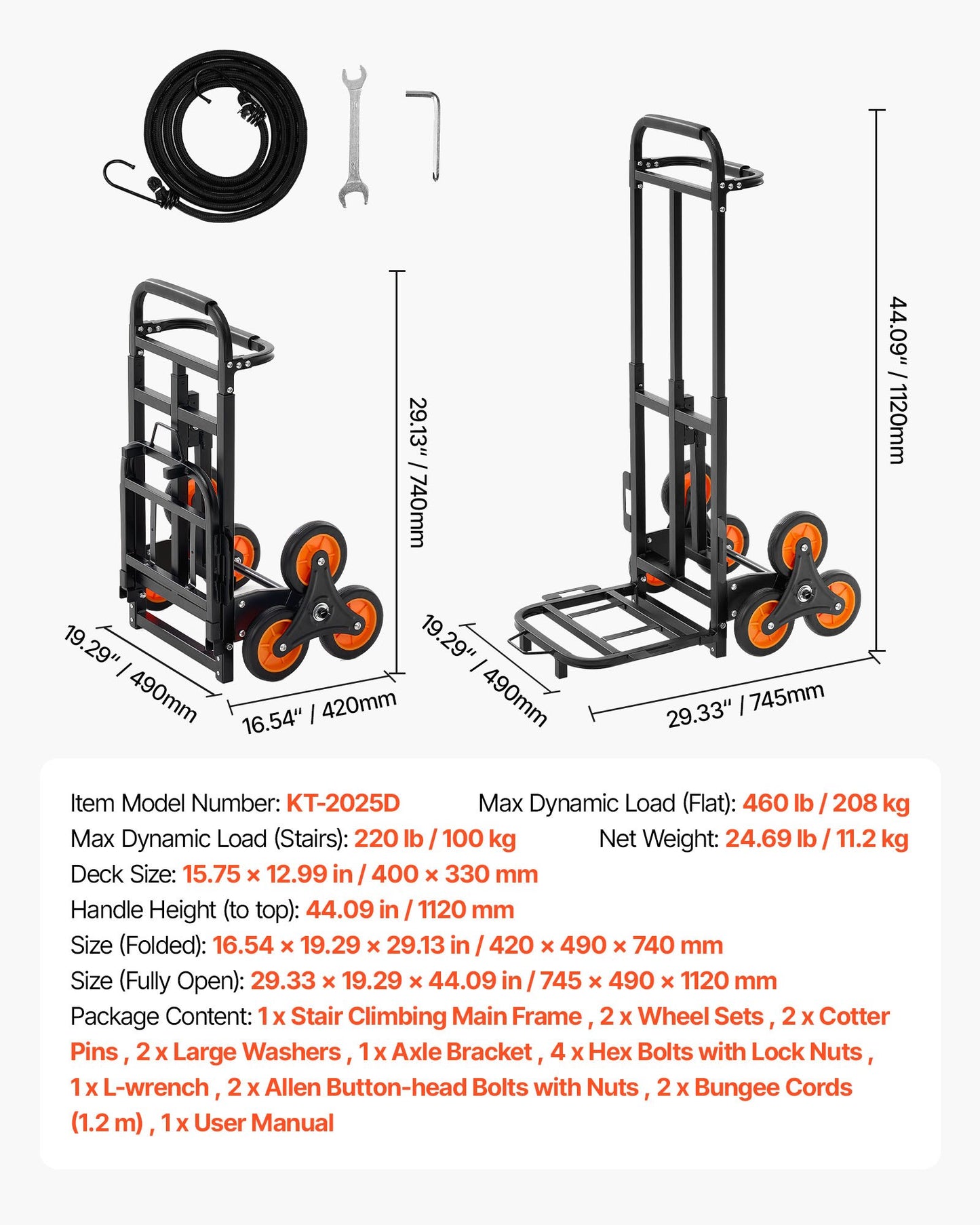 Stair Climbing Cart, 100 kg Stair-Climbing Capacity, Heavy-Duty Folding Trolley Cart with Telescoping Handle, 6 Wheels and 2 Bungee Cords, Stair Climber Dolly for Home, Groceries, Warehouse