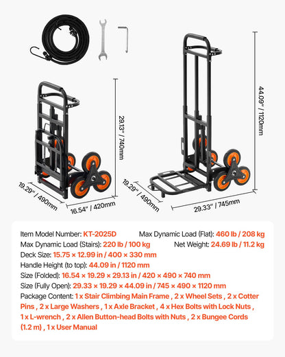 Stair Climbing Cart, 100 kg Stair-Climbing Capacity, Heavy-Duty Folding Trolley Cart with Telescoping Handle, 6 Wheels and 2 Bungee Cords, Stair Climber Dolly for Home, Groceries, Warehouse