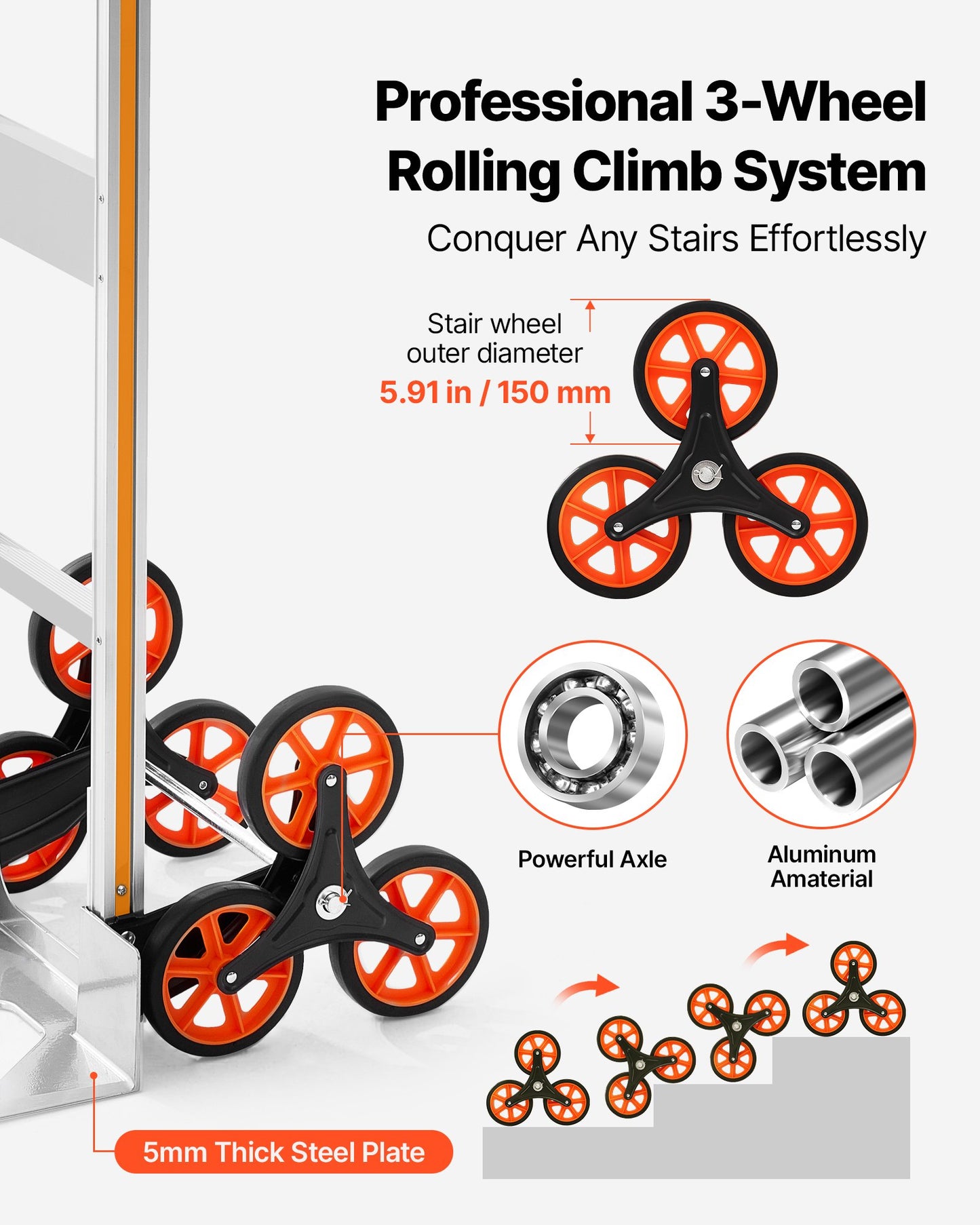Stair Climbing Cart, 150 kg Stair-Climb Capacity, Aluminum Alloy Folding Trolley Cart with Telescoping Handle, 6 Wheels and 2 Bungee Cords, Stair Climber Dolly for Home, Groceries, Warehouse