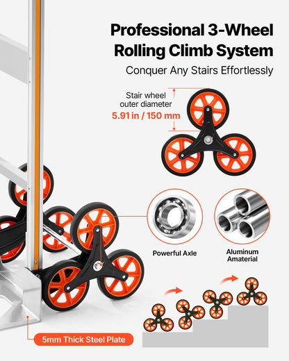 Stair Climbing Cart, 150 kg Stair-Climb Capacity, Aluminum Alloy Folding Trolley Cart with Telescoping Handle, 6 Wheels and 2 Bungee Cords, Stair Climber Dolly for Home, Groceries, Warehouse