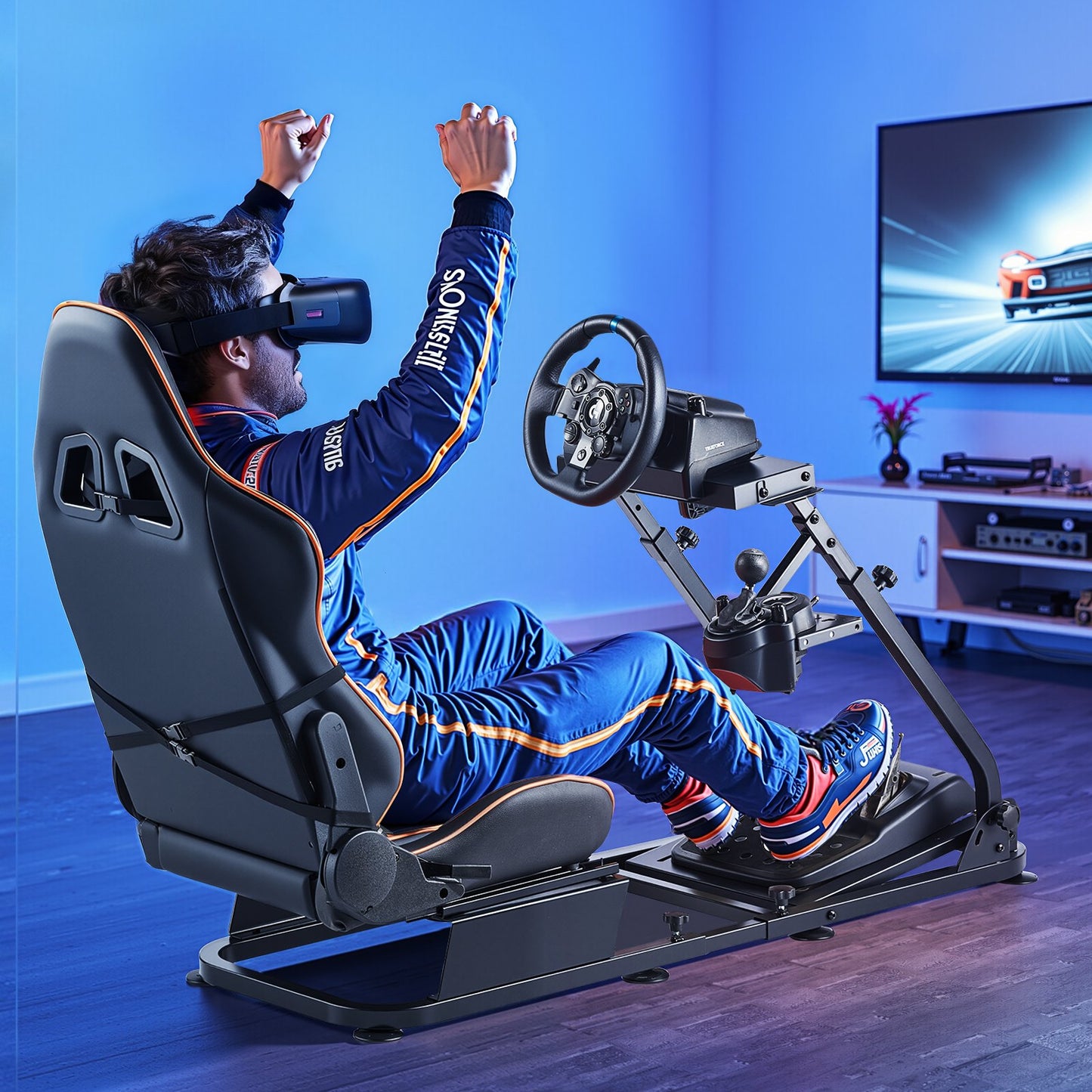 Racing Wheel Stand, Heavy-Duty Simulator Cockpit Steering Stand with Dual-Rail Dual-Arm, Fit Logitech G25,G27,G29,G920,G923, Thrustmaster T300RS,TX F458,T500RS,T3PA-PRO (F1/GT) and CSR Pedals