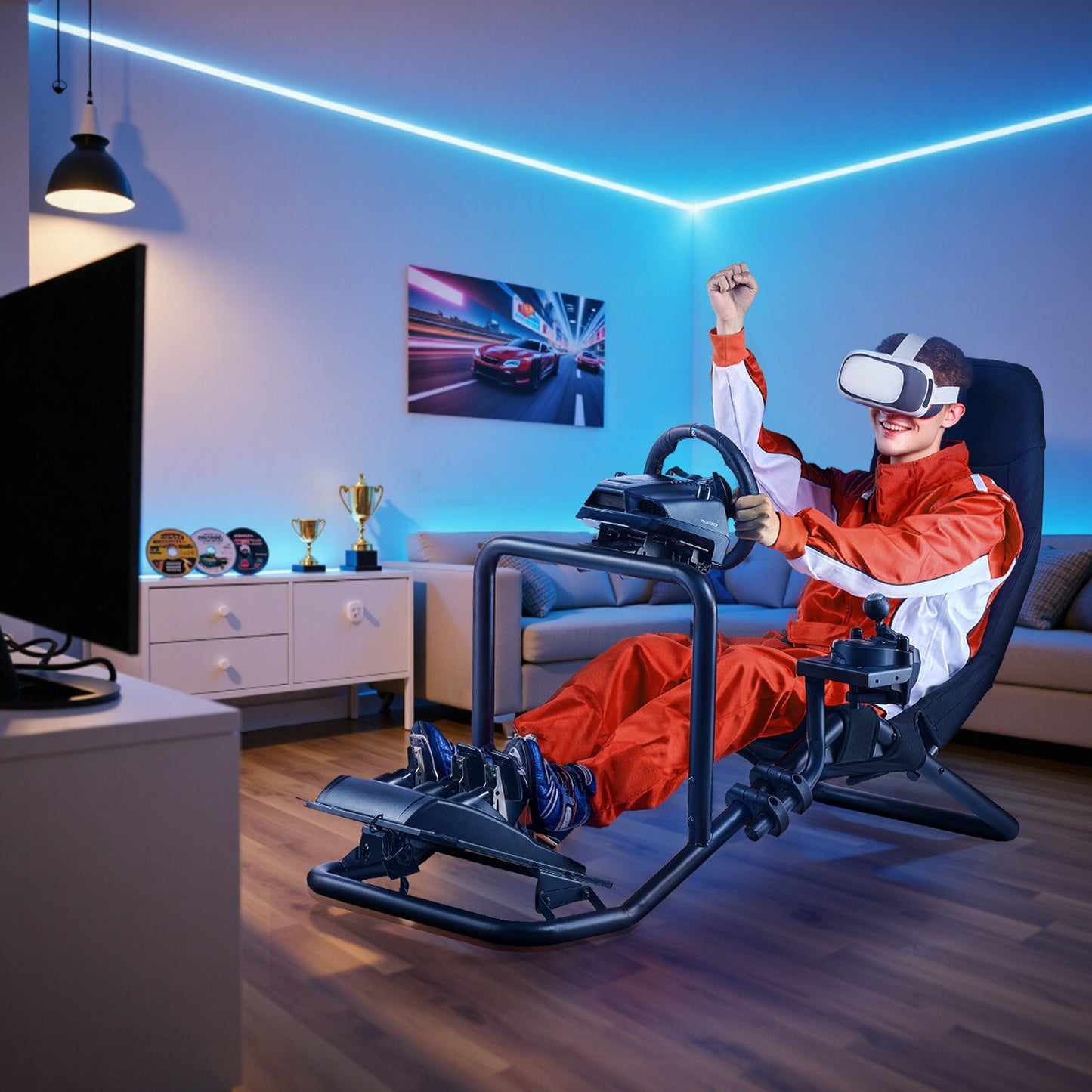 Racing Wheel Stand, Heavy-Duty Integrated Simulator Cockpit Steering Stand, Fit Logitech G25,G27,G29,G920,G923, Thrustmaster T300RS,TX F458,T500RS,T3PA-PRO (F1/GT) and CSR Pedals, Black