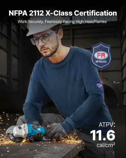FR Shirts, Flame Resistant Long Sleeve Clothing Lightweight 7 oz Breathable Cotton, Men's Fire Retardant Work Shirt with Pre-shrink Treatment & Pocket, for Welders,Electricians,Navy Blue L