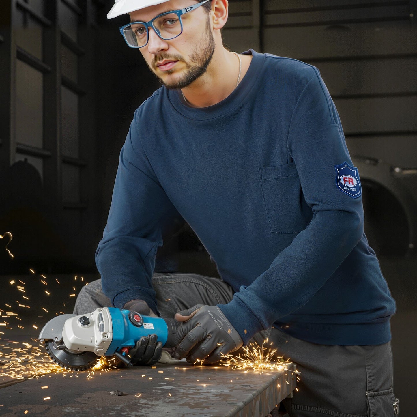 FR Shirts, Flame Resistant Long Sleeve Clothing Lightweight 7 oz Breathable Cotton, Men's Fire Retardant Work Shirt with Pre-shrink Treatment & Pocket, for Welders,Electricians,Navy Blue L