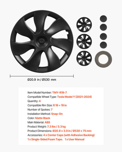 Hubcaps Wheel Covers for 2021-2024 Tesla Model Y, 19 Inch Set of 4 Wheel Rim Cover Hubcaps OEM Style Replacement, R19 Size Snap On Car Hub Caps, Premium 7-Spoke ABS Tire Rim Caps, Matte Black