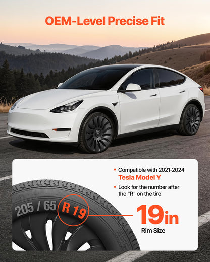 Hubcaps Wheel Covers for 2021-2024 Tesla Model Y, 19 Inch Set of 4 Wheel Rim Cover Hubcaps OEM Style Replacement, R19 Size Snap On Car Hub Caps, Premium 14-Spoke ABS Tire Rim Caps, Matte Black