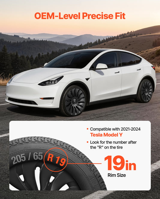 Hubcaps Wheel Covers for 2021-2024 Tesla Model Y, 19 Inch Set of 4 Wheel Rim Cover Hubcaps OEM Style Replacement, R19 Size Snap On Car Hub Caps, Premium 14-Spoke ABS Tire Rim Caps, Matte Black