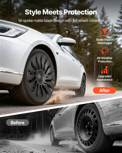 Hubcaps Wheel Covers for 2021-2024 Tesla Model Y, 19 Inch Set of 4 Wheel Rim Cover Hubcaps OEM Style Replacement, R19 Size Snap On Car Hub Caps, Premium 14-Spoke ABS Tire Rim Caps, Matte Black