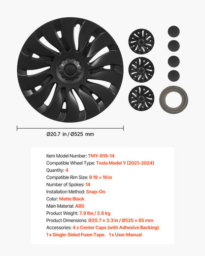 Hubcaps Wheel Covers for 2021-2024 Tesla Model Y, 19 Inch Set of 4 Wheel Rim Cover Hubcaps OEM Style Replacement, R19 Size Snap On Car Hub Caps, Premium 14-Spoke ABS Tire Rim Caps, Matte Black