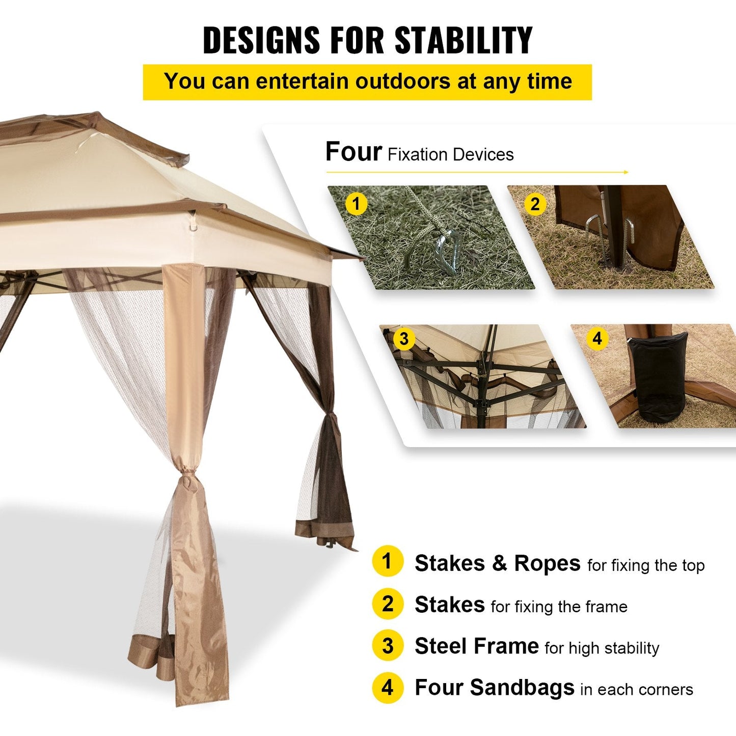 Portable Outdoor Gazebo Tent - 3.3M x 3.3M Canopy Shelter with Netting, Brown