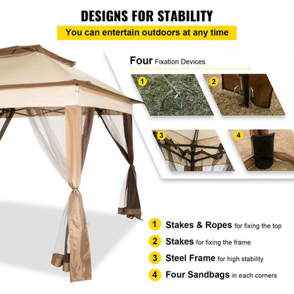Portable Outdoor Gazebo Tent - 3.3M x 3.3M Canopy Shelter with Netting, Brown