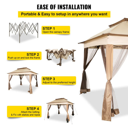 Portable Outdoor Gazebo Tent - 3.3M x 3.3M Canopy Shelter with Netting, Brown