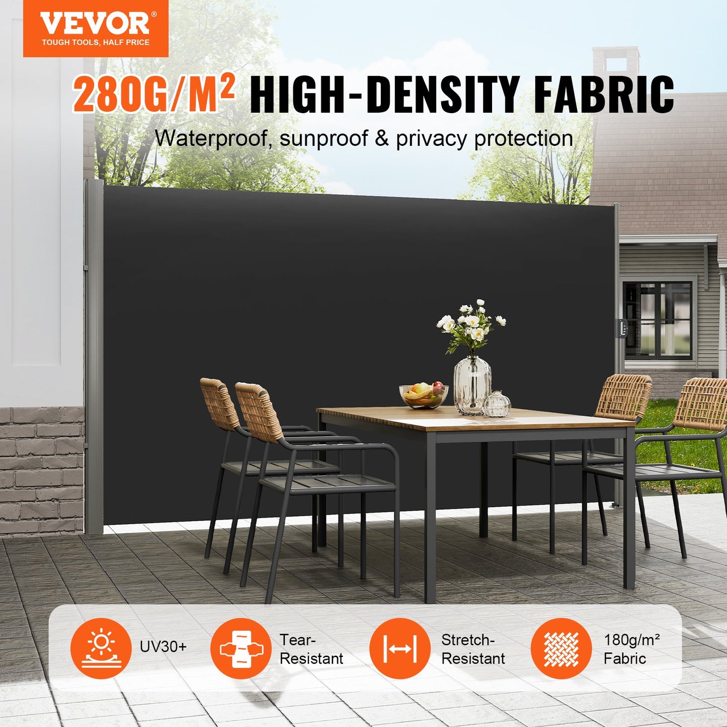VEVOR Retractable Side Awning, 160X300cm Aluminum Outdoor Privacy Screen, 280g Polyester
