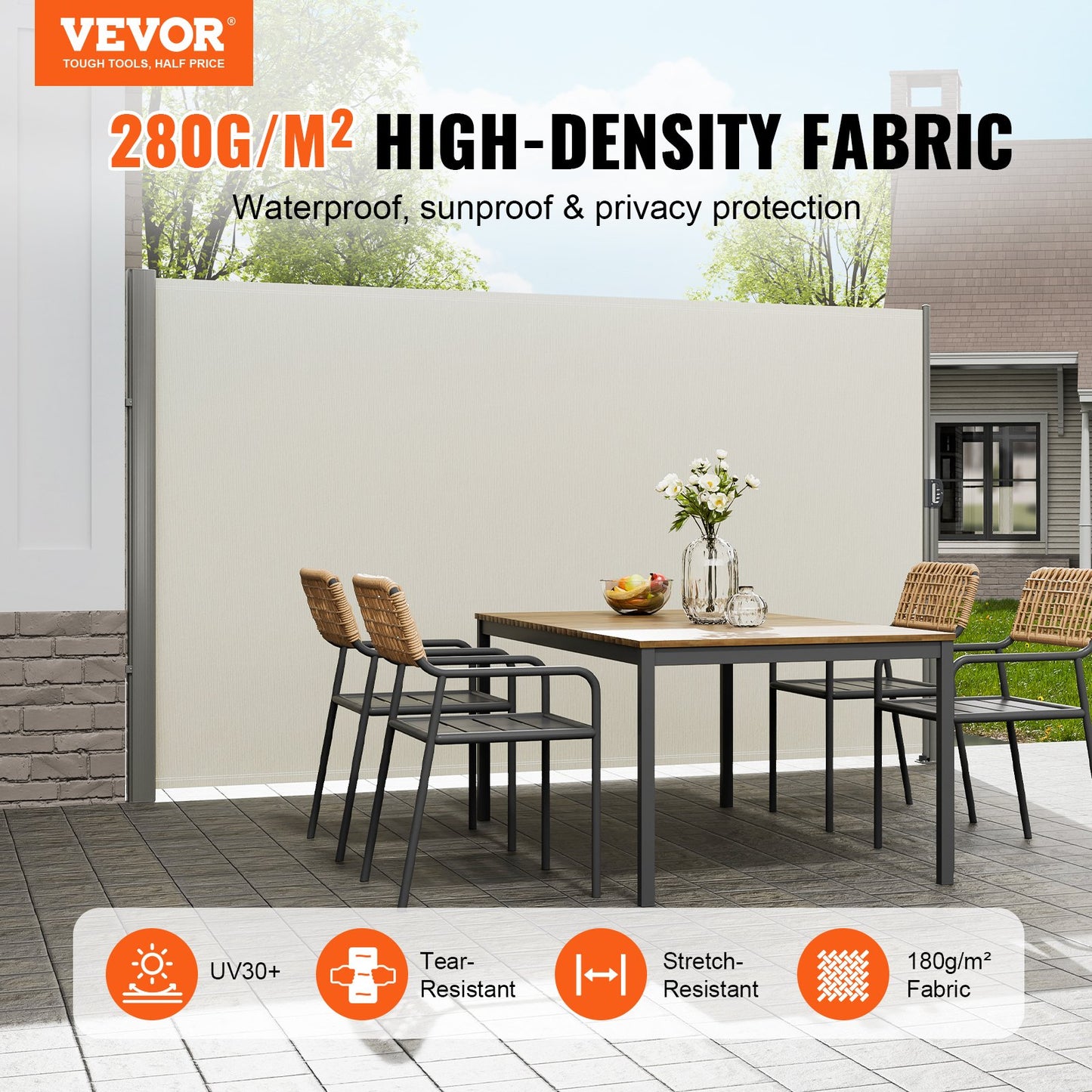 VEVOR Retractable Side Awning,160X300cm Aluminum Outdoor Privacy Screen, 280g Polyester