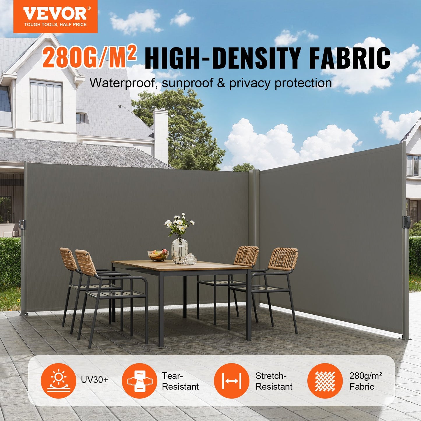 VEVOR Retractable Side Awning, 160X600cm Aluminum Outdoor Privacy Screen, 280g Polyester