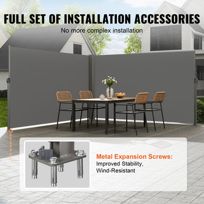 Retractable Privacy Screen Awning, 1.6x6m, Aluminum Frame, 280g Polyester, Gray