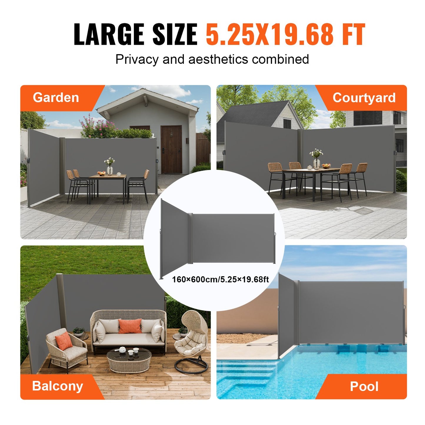 VEVOR Retractable Side Awning, 160X600cm Aluminum Outdoor Privacy Screen, 280g Polyester