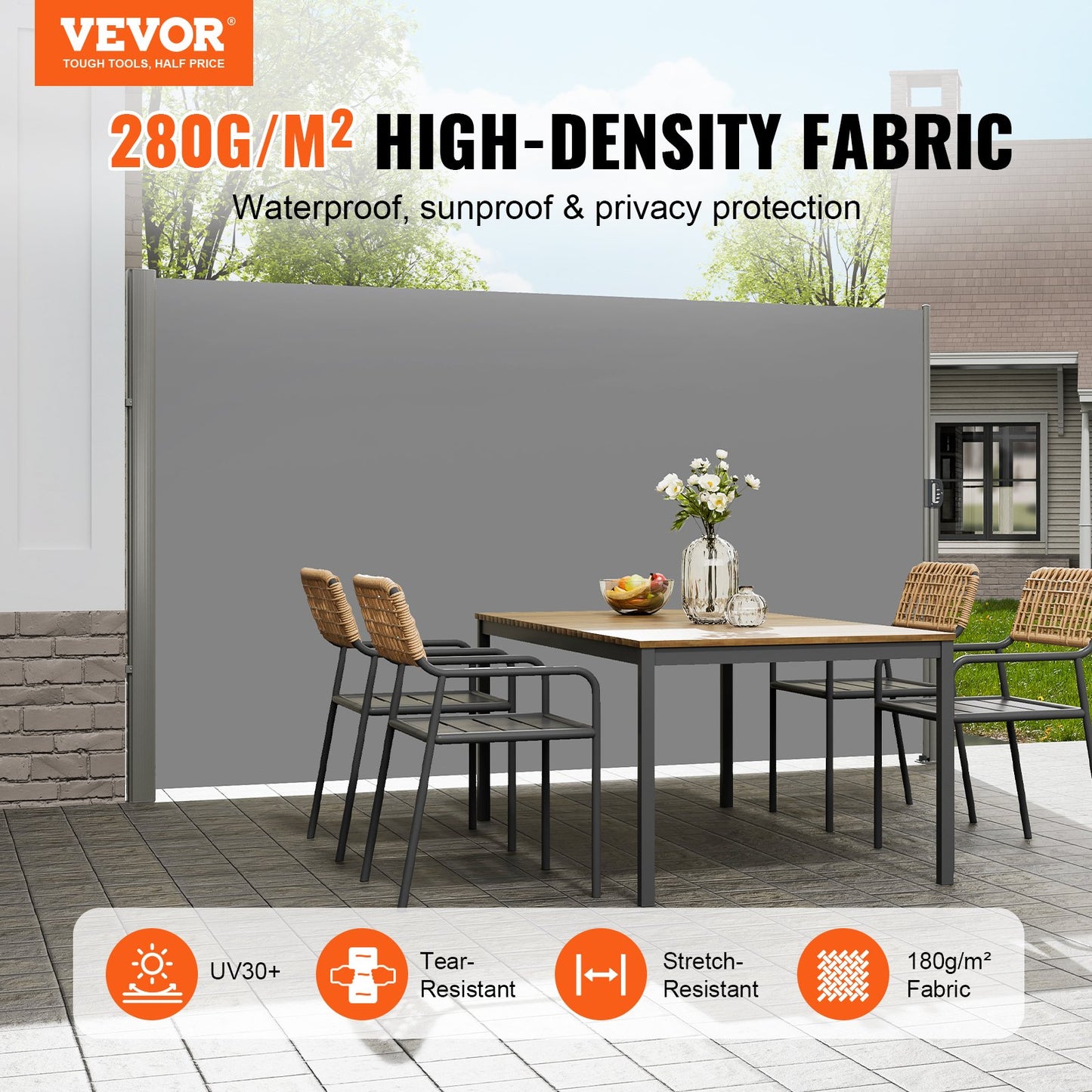 VEVOR Retractable Side Awning, 180X300cm Aluminum Outdoor Privacy Screen, 280g Polyester