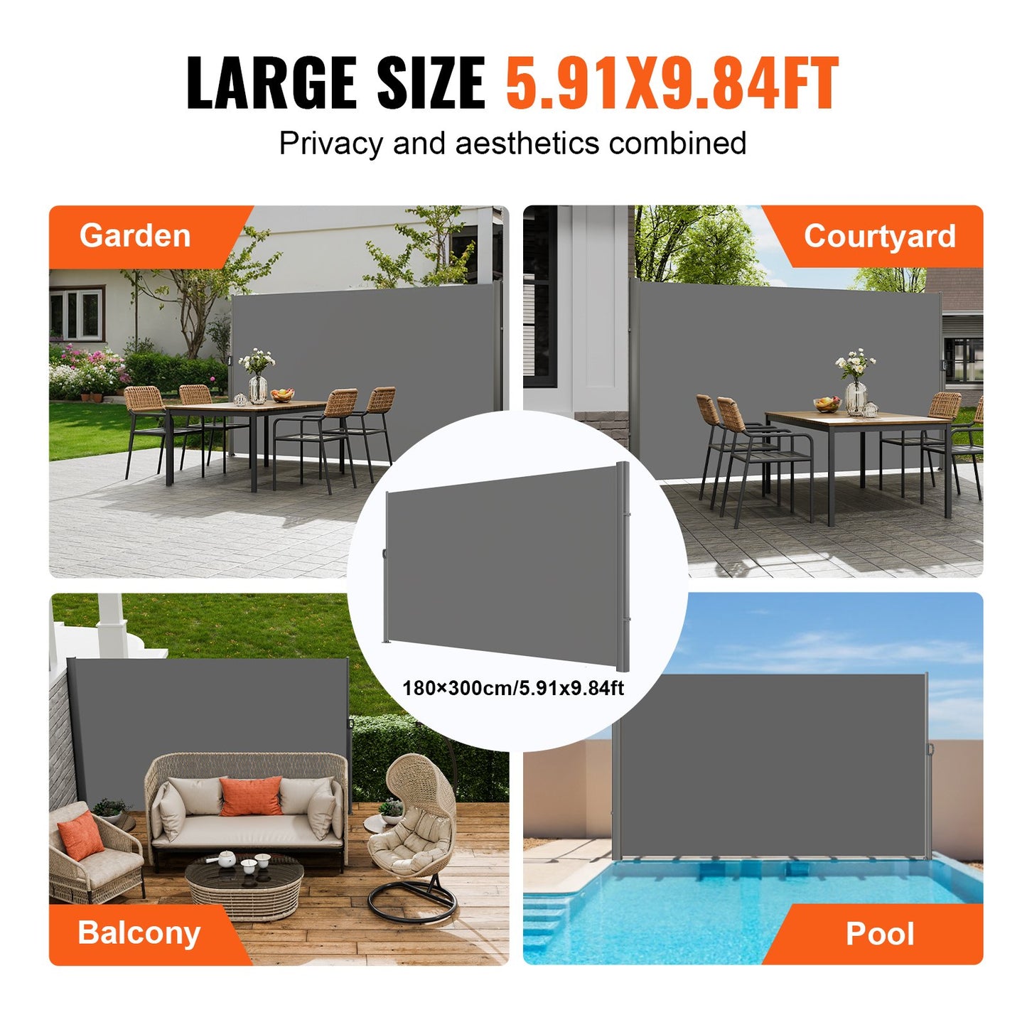 VEVOR Retractable Side Awning, 180X300cm Aluminum Outdoor Privacy Screen, 280g Polyester