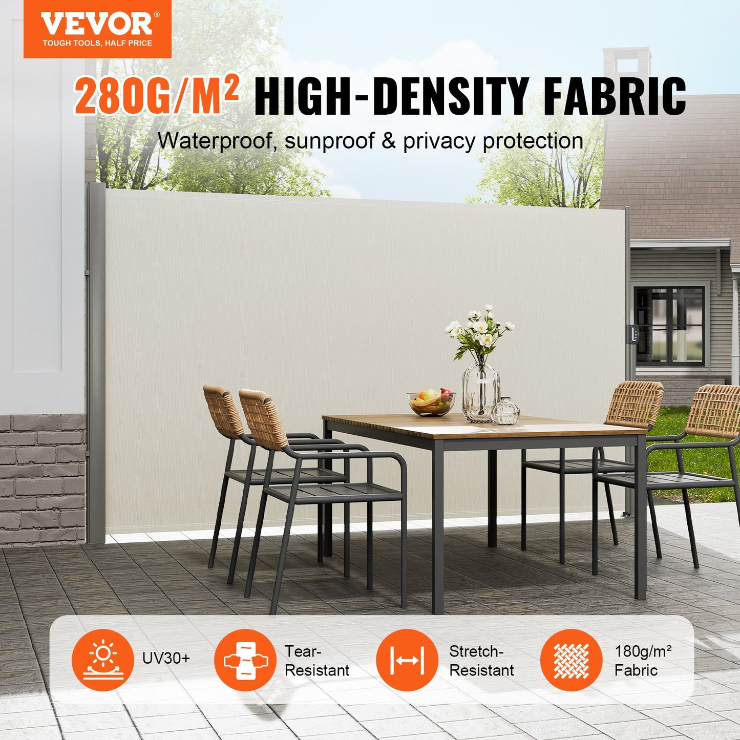 VEVOR Retractable Side Awning,180X300cm  Aluminum Outdoor Privacy Screen, 280g Polyester