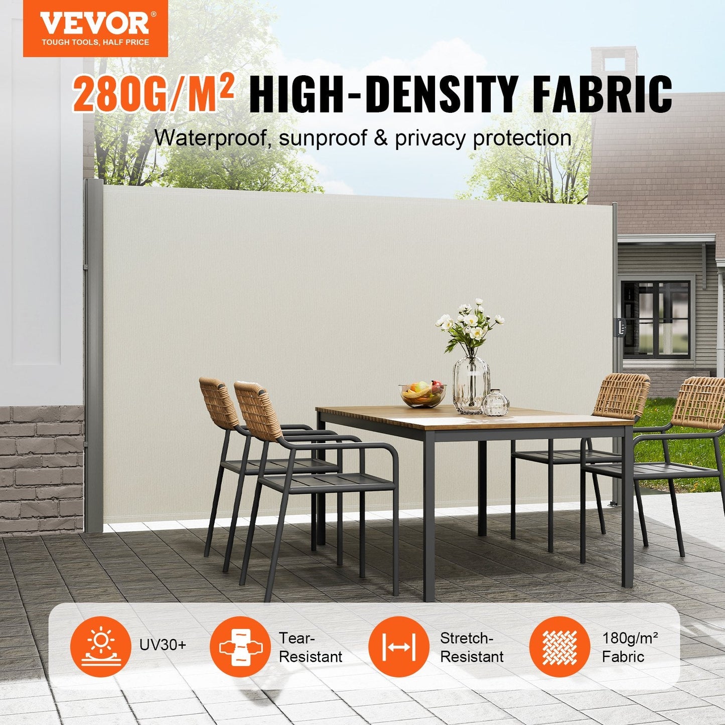 Retractable Aluminum Privacy Screen, 180x300cm, Beige, UV Protection & Waterproof