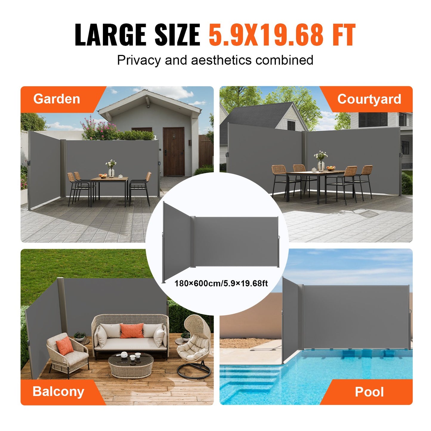 VEVOR Retractable Side Awning, 180X600cm Aluminum Outdoor Privacy Screen, 280g Polyester