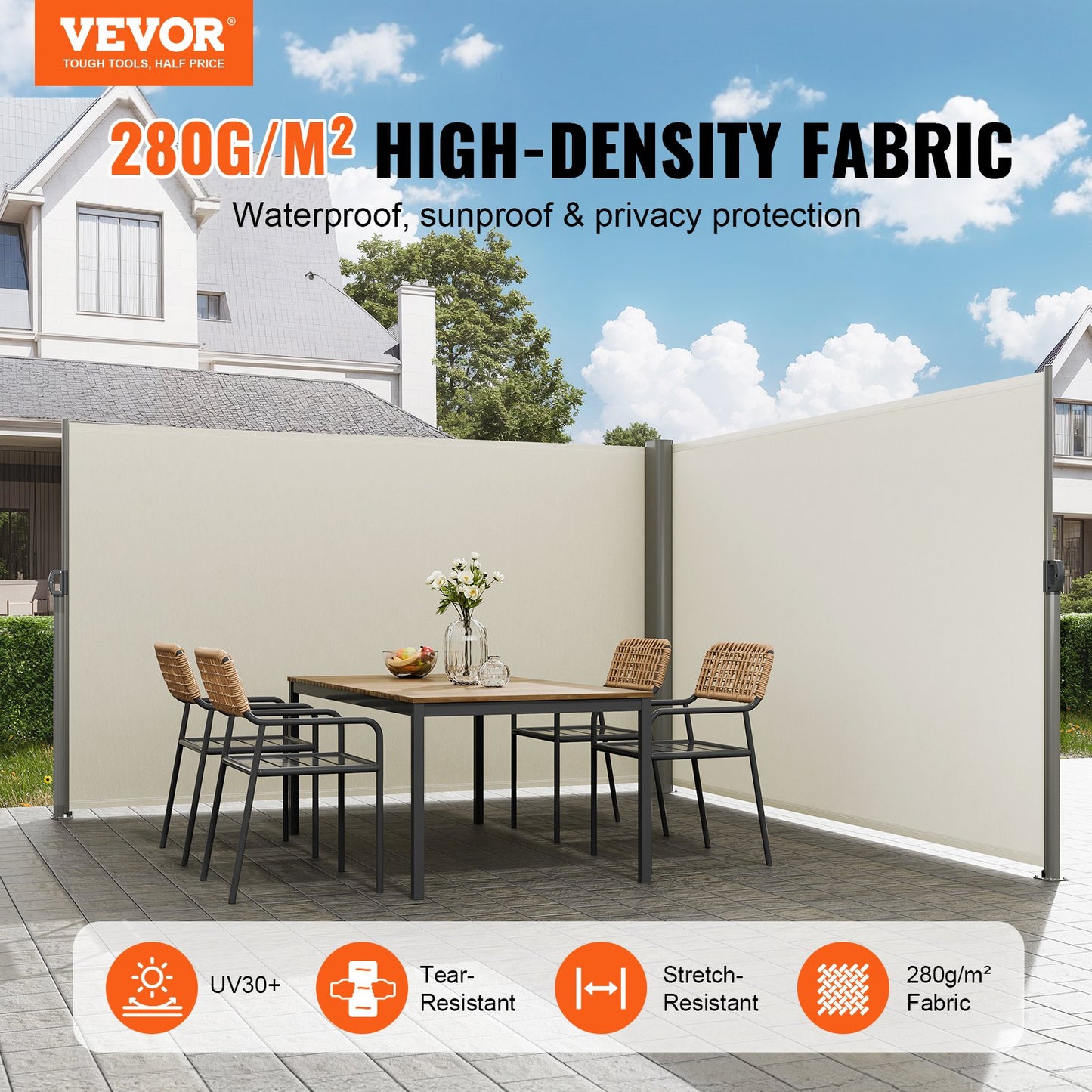 VEVOR Retractable Side Awning, 180X600cm Aluminum Outdoor Privacy Screen, 280g Polyester