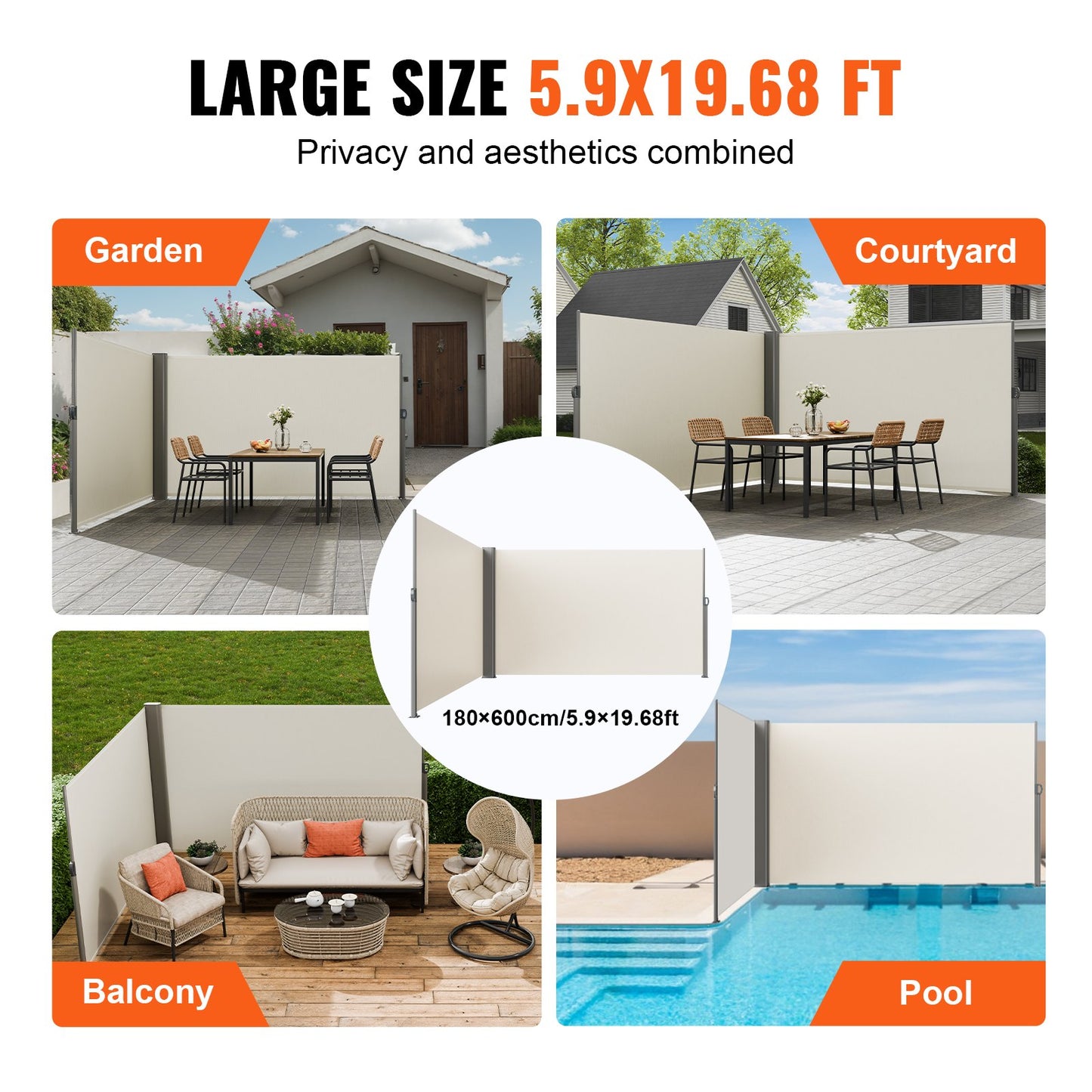 VEVOR Retractable Side Awning, 180X600cm Aluminum Outdoor Privacy Screen, 280g Polyester