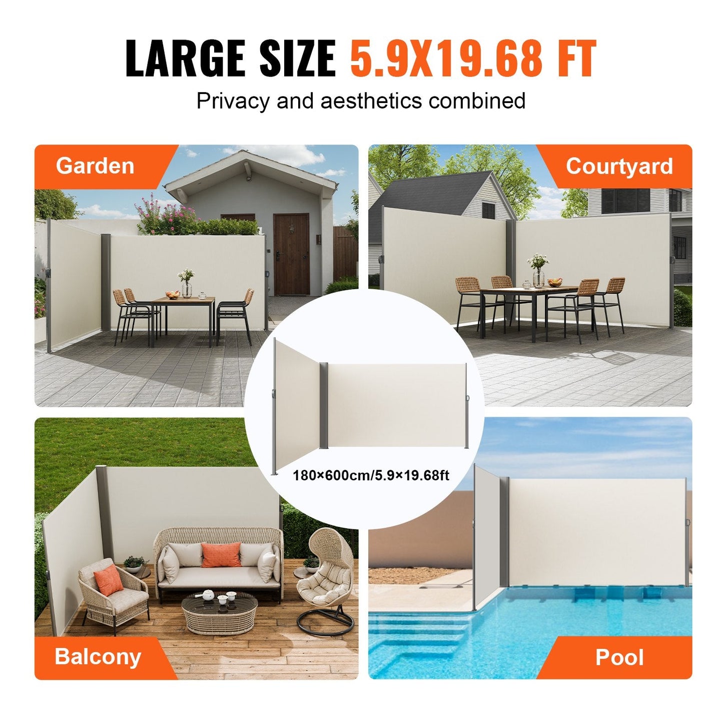 Outdoor Retractable Privacy Screen, 1.8x6m Aluminum Awning, UV Resistant, Beige