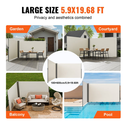 Outdoor Retractable Privacy Screen, 1.8x6m Aluminum Awning, UV Resistant, Beige