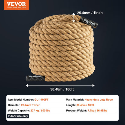 30.5m Heavy-Duty Jute Climbing Rope for Fitness and Strength Training