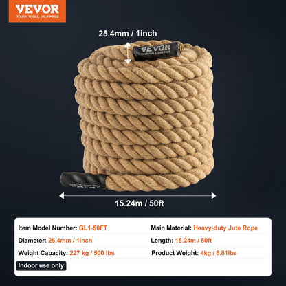 15m Gym Climbing Rope - Heavy-Duty Jute for Strength Training and Home Exercise