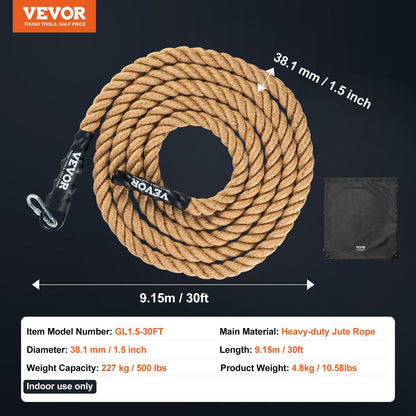 3.8cm x 9.15m Heavy Duty Jute Climbing Rope for Fitness & Home Exercise