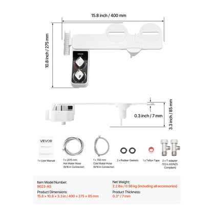 VEVOR Bidet Attachment for Toilet Hot and Cold Dual Nozzles Adjustable Pressure