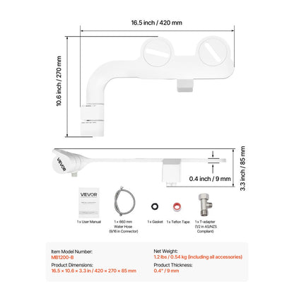 VEVOR Bidet Attachment for Toilet Self-Cleaning Dual Nozzles Adjustable Pressure
