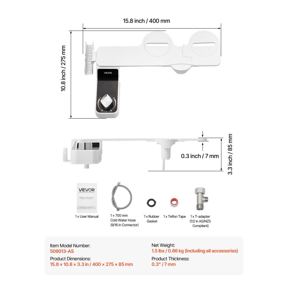 VEVOR Bidet Attachment for Toilet 0.3" Thin Dual Nozzles Adjustable Pressure