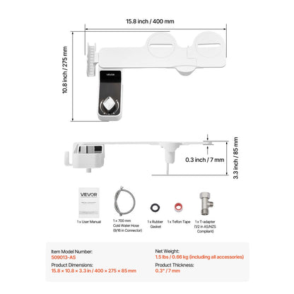 VEVOR Bidet Attachment for Toilet 0.3" Thin Dual Nozzles Adjustable Pressure
