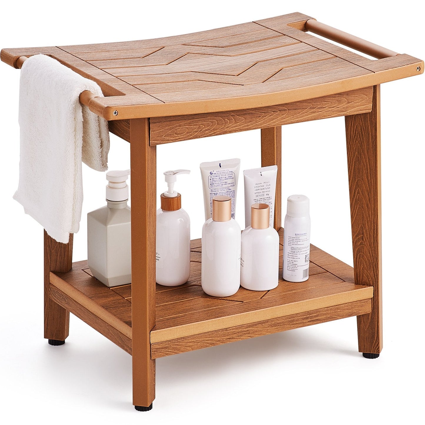 Poly Lumber Bathroom Shower Bench with Storage, 530 x 355 x 470 mm, Teak Color