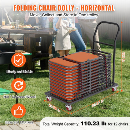 Heavy Duty Folding Chair Cart with Flexible Casters, Holds 12 Chairs, 110 kg Capacity